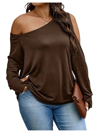 Plus Size Long Sleeve Off Shoulder Knitwear, Coffee