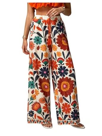 Wide Leg Floral Trousers, Orange