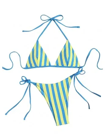 Striped Swimsuit, Blue (halter)