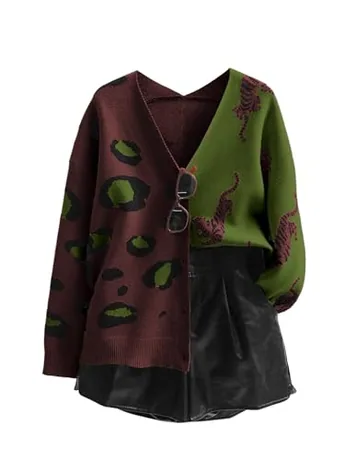 Long Sleeve Leopard Knitwear, Green (X-Large)