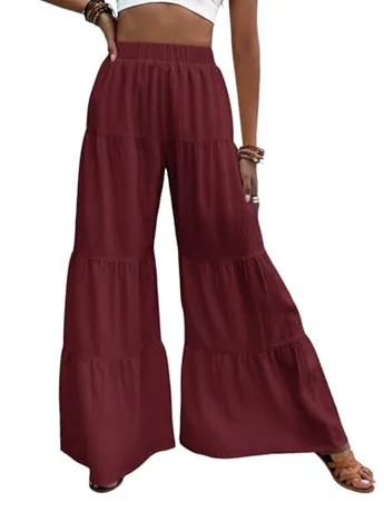 Wide Leg Ruffle Trousers, Burgundy