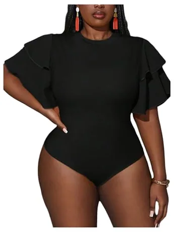 Plus Size Short Sleeve Ruffle Bodysuit, Black