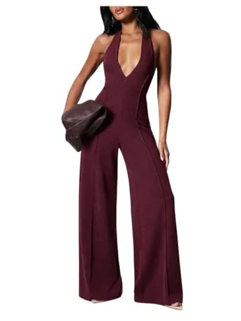 Wide Leg Backless Jumpsuit, Burgundy