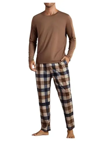 Long Sleeve Plaid Sleep Set, Coffee