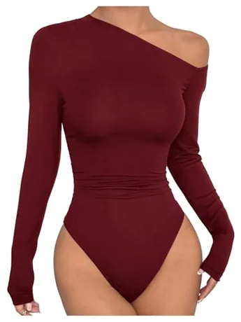 Long Sleeve Ruched Bodysuit, Burgundy (X-Small)