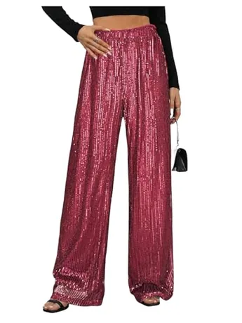 Wide Leg Sequin Trousers, Burgundy (Small)