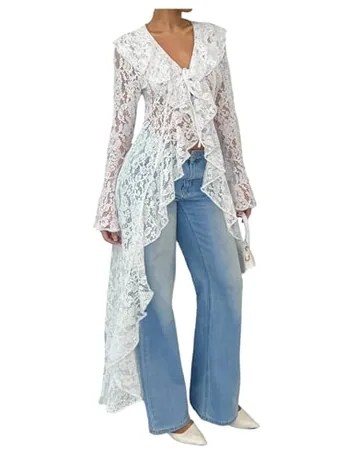 Long Sleeve Lace Knitwear, White