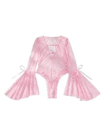 Long Sleeve Lace Bodysuit, Pink