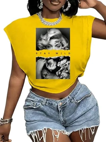 Graphic Crop Top, Yellow (Large)