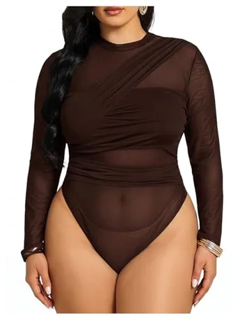Plus Size Long Sleeve Mesh Bodysuit, Coffee