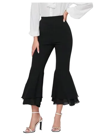 Cropped Ruffle Trousers, Black