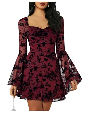 Long Sleeve Floral Dress, Burgundy (Medium)