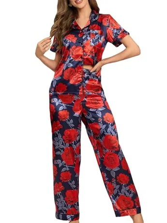 Short Sleeve Satin Sleep Set, Navy (with pockets)