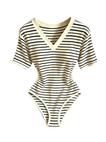 Short Sleeve Striped Bodysuit, Black