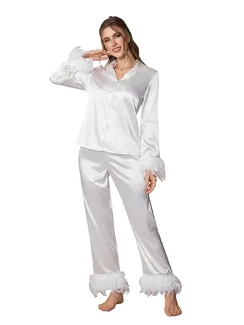 Long Sleeve Satin Sleep Set, White