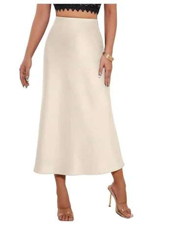 Midi Satin Skirt, Beige