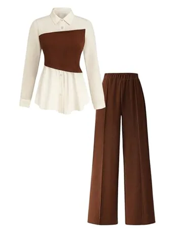 Plus Size Wide Leg Outfit Set, Brown