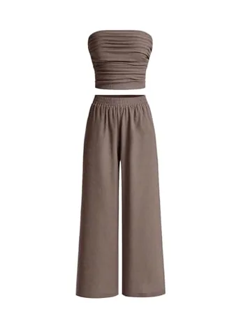 Wide Leg Ruched Outfit Set, Coffee