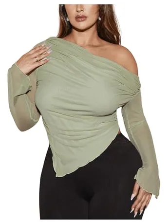 Plus Size Long Sleeve Mesh T-Shirt, Mint