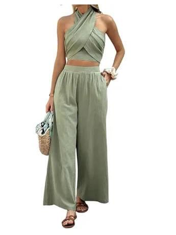 Wide Leg Halter Outfit Set, Green