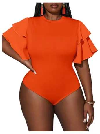 Plus Size Short Sleeve Ruffle Bodysuit, Orange (XX-Large Plus)