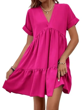 Short Sleeve Ruffle Dress, Hot Pink