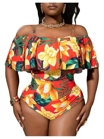 Plus Size Off Shoulder Swimsuit, Yellow