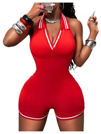 Sleeveless Striped Jumpsuit, Red