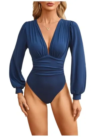 Long Sleeve Ribbed Bodysuit, Blue