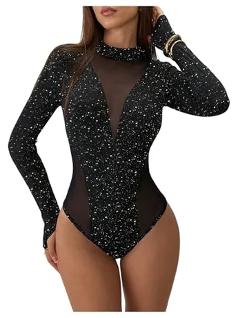 Long Sleeve Mesh Bodysuit, Black (Small)